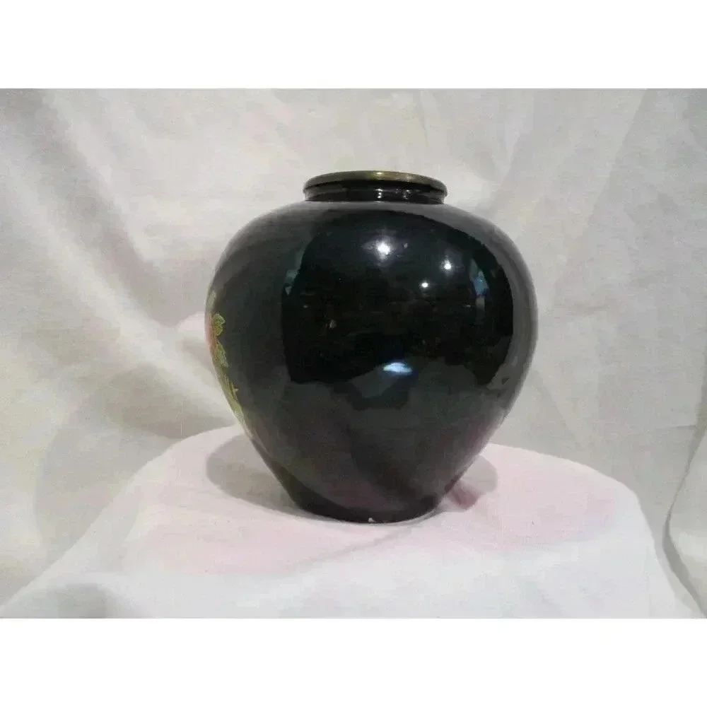 Vase, Black Lacquered Brass Vase with peacock and floral decoration‎